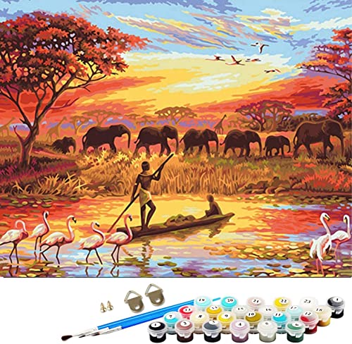 ABEUTY Wandkunst Elefant Dämmerung Boot Wald Malen nach Zahlen, DIY Ölgemälde auf Leinwand Gemälde 40x50cm von ABEUTY