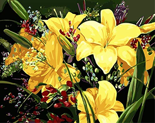 ABEUTY Wandkunst Gelb Staubblatt Pflanze Malen nach Zahlen, DIY Ölgemälde auf Leinwand Gemälde 40x50cm (Blume 1, mit rahmen) von ABEUTY