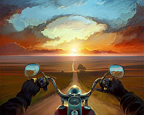 ABEUTY Stoffdekorationssets zum Selbermachen, Malen nach Zahlen, Motorrad, Sonnenuntergang, Rennfahrer, 40,6 x 50,8 cm, Wandkunst, Motiv: Sonnenuntergang 1, Holzrahmen von ABEUTY