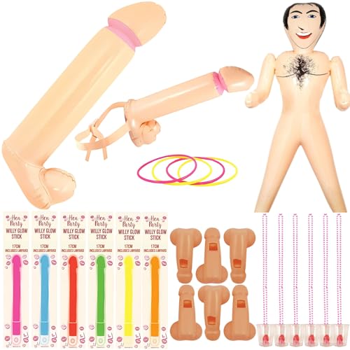Junggesellinnenabschied-Zubehör-Set – aufblasbarer Mann, 150 cm, 6 Willy Glow Sticks, 6 Pfeifen, 6 Schnapsgläser, Hoop-Spiel & aufblasbarer Willy – lustige Junggesellinnenabschied-Dekorationen und von ABL Supplies