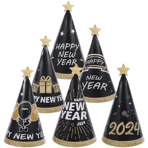 ABOOFAN 6 Stück „Frohes Neues Jahr“-Partyhüte 2024 Silvester Papierkegelhüte Ausgefallener Neujahrshut Kinder-Partyhüte Foto-Requisiten Outfits Silvester-Partyzubehör von ABOOFAN