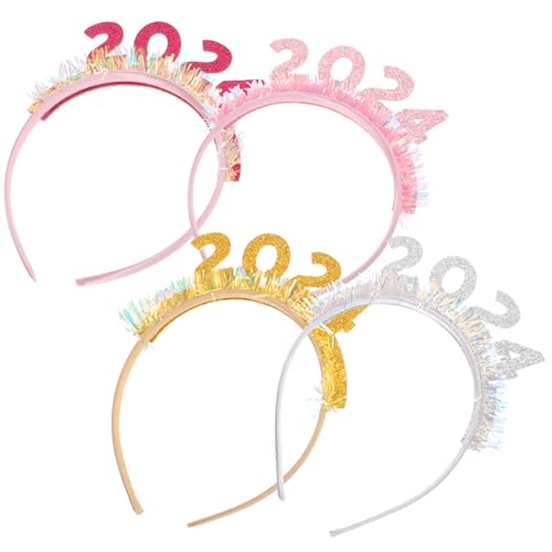 ABOOFAN Neujahr 2024-Stirnband 4 Stück Silvester-Stirnbänder Lametta-Stirnband Tiara Glitzer Frohes Neues Jahr Party-Stirnbänder Kopfbedeckung Für Silvester-Countdown-Party von ABOOFAN