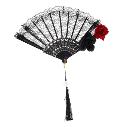 ABOOFAN Schwarzer Spitzen Handfächer Faltbar mit Quaste Gotischer Lolita Stil Tragbarer Handfächer für Hochzeit Halloween Viktorianische Kostümparty und Tanzveranstaltungen von ABOOFAN