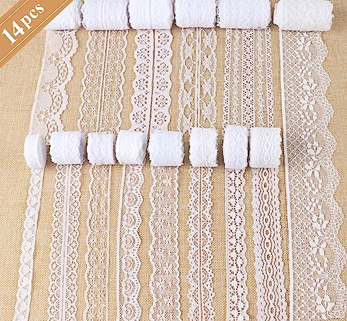 ABSOFINE Spitzenband, 42M Weiss Beige Vintage Set Gesamt 14 Rolls Zum Nähen für Hochzeit Tischdeko Basteln Geschenkband von ABSOFINE