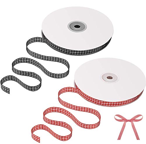 Gingham-Band, Karomuster, Bastelband, Weihnachten, Kuchen, Geschenkverpackung, Schleife, Karomuster, für Haar-Accessoires, Basteln, Geschenk, Dekoration (1 Rolle schwarz und 1 Rolle rot) von ABSOK