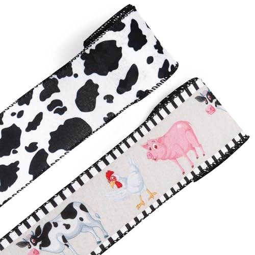 ABTOLS 2 Rollen 9,1 m Bauernhof-Bänder, 6,3 cm Kuh, Drahtrand, Juteband, schwarz-weiß gestreift, Bauernhaus, Schwein, Küken, Geschenkverpackungsband für Zuhause, Party, Dekoration, Geschenk, Basteln, ABTOLS 2 Rollen 9,1 m Bauernhof-Bänder, 6,3 cm Kuh, Drahtrand, Juteband, schwarz-weiß gestreift, Bauernhaus, Schwein, Küken, Geschenkverpackungsband für Zuhause, Party, Dekoration, Geschenk, Basteln, von ABTOLS