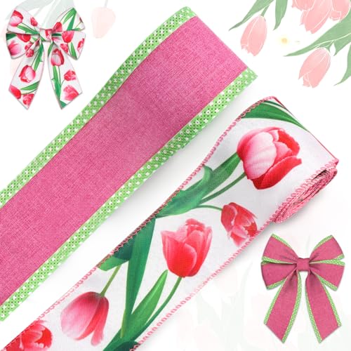 ABTOLS 2 Rollen 9,1 m Blumenbänder, 6,3 cm rote Tulpe mit Drahtrand, Juteband, rosafarbenes Punkteband, grünes Geschenkband für Frühling, Party, Dekoration, Geschenk, DIY, Handwerk, Kränze, Schleife ABTOLS 2 Rollen 9,1 m Blumenbänder, 6,3 cm rote Tulpe mit Drahtrand, Juteband, rosafarbenes Punkteband, grünes Geschenkband für Frühling, Party, Dekoration, Geschenk, DIY, Handwerk, Kränze, Schleife von ABTOLS