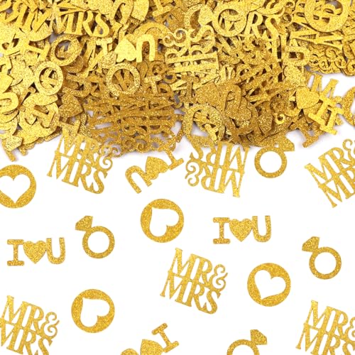 ABTOLS 200 Stück Gold Hochzeit Tischkonfetti, Glitzer Papier Herz Diamant Ring Konfetti für Brautparty Dekor I Love U Mr Mrs Konfetti für Valentinstag Verlobung Party Tisch Streuung von ABTOLS
