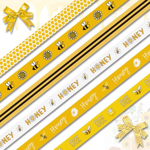 ABTOLS 6 Rollen 18 Meter Hummelbänder Blumenbänder Honig dekorative Ripsbänder schwarz gelb gestreift 0,95 cm Wabenband für Frühling Geschenkverpackung Handwerk Bienen Urlaub Party von ABTOLS