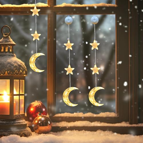 3 Stück Ramadan Deko Fenster Lichterkette Mit Saugnäpfe, LED Mond Dekoration Licht, Beleuchtung Ramazan Dekor, Warmweiß Innen Deko von ACAREY