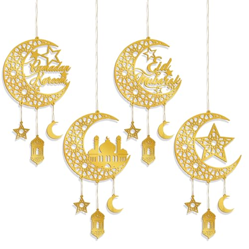 4 Stück Ramadan Deko, Hängende Eid Mubarak Deko, Doppelseitig Acryl Ramazan Decoration mit 1m Faden, Deko Ramadan Sterne Mond Ramadan Mubarak Ornament, für Haus Zimmer Tür Wanddekor (A) von ACAREY