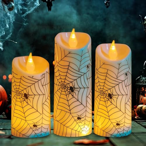 ACAREY Halloween Flammenlose Kerzen Batteriebetrieben Flackernd 3er-Set mit Timerfunktion Warmweißes Licht für Horror Dekoration Blut- und Spinnennetz-Designs (A) von ACAREY