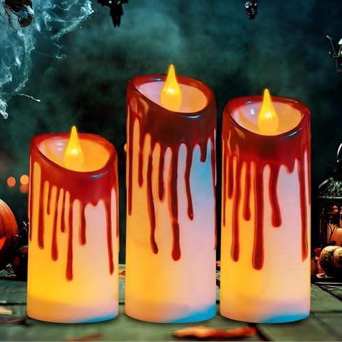 ACAREY Halloween Flammenlose Kerzen Batteriebetrieben Flackernd 3er-Set mit Timerfunktion Warmweißes Licht für Horror Dekoration Blut- und Spinnennetz-Designs (B) von ACAREY
