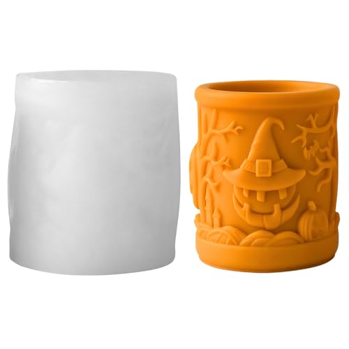 ACAREY Halloween Zylindrische Kürbis Silikonformen Gießformen, 3D DIY Silikon Kerzenform, Silikon Gießform Kerzen, Gipsformen zum Gießen Teelicht, Geschenk Kunsthandwerk Tischdekoration (B) von ACAREY