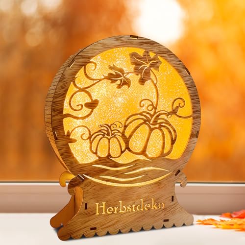 ACAREY Herbstdeko Beleuchtung Hölz Herbst Dekoration Herbst Deko Lampe mit 3D Kürbis Deko, Herbst Deko Laterne Kürbis Beleuchtet Kürbis Laterne Für Schlafzimmer Wohnzimmer Tisch Deko von ACAREY