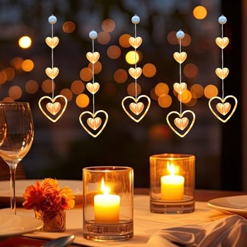 ACAREY LED Fenster Lichterkette 5 Stück Herz Lichterkette Valentinstag Deko, LED Valentinstag Fenster Beleuchtung Herz Fenster Lichterkette Batteriebetriebene Mit Saugnäpfe, Warmweiß Stern Innen Deko von ACAREY