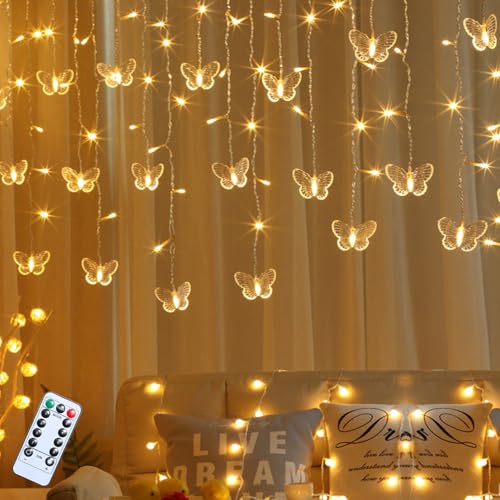 ACAREY Lichtervorhang Innen, 3.5M Schmetterlings Vorhang Lichterketten USB 8 Modi LED Lichterkette mit 16 Haken Fernbedienung Timer Verstellbare Helligkeit für Party Innen Frühlings Deko (Warm) von ACAREY
