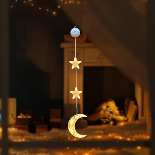 ACAREY Ramadan Deko LED Mond Ramadan Lichterkette Mit Saugnäpfe, Ramadan Beleuchtung Ramazan Dekor, Ramadan Dekoration Fenster Licht, Warmweiß Ramadan Lichterkette Innen Für Muslimische Deko von ACAREY