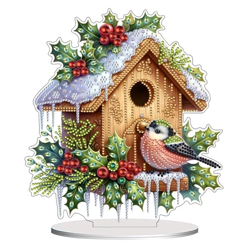 ACAREY Weihnachten Deko Diamond Painting Set mit Sockel, DIY 5D Diamond Painting Fensterbilder Beidseitig mit Schneemann Weihnachtsbaum Vogelhaus Design, für Fenster Wand Decor (D) von ACAREY