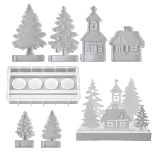 ACAREY Weihnachten Deko Weihnachtsbaum Silikonformen Gießformen 6 Stück 3D DIY Haus Kerzenhalter Gießform Gipsformen zum Gießen, Silikon Kerzenform, Geschenk (Mit Basis) von ACAREY