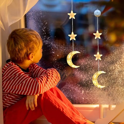 ACAREY Weihnachtsdeko Sterne Lichterkette, LED Weihnachtsbeleuchtung Stern Weihnachtsdeko Fenster Batteriebetriebene mit Saugnäpfe, Warmweiß Weihnachtsstern Innen für Weihnachten Deko (Mond) von ACAREY