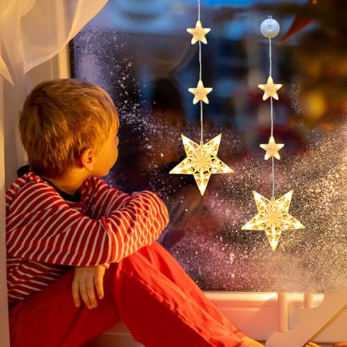 ACAREY Weihnachtsdeko Sterne Lichterkette, LED Weihnachtsbeleuchtung Stern Weihnachtsdeko Fenster Batteriebetriebene mit Saugnäpfe, Warmweiß Weihnachtsstern Innen für Weihnachten Deko (Stern) von ACAREY