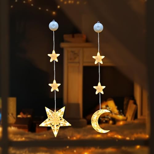 ACAREY Weihnachtsdeko Sterne Lichterkette, LED Weihnachtsbeleuchtung Stern Weihnachtsdeko Fenster Batteriebetriebene mit Saugnäpfe, Warmweiß Weihnachtsstern Innen für Weihnachten Deko (Stern +Mond) von ACAREY