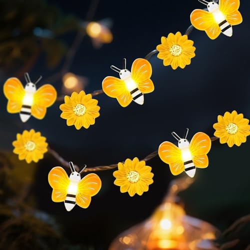 Biene Lichterkette Innen, LED Blumen Lichterkette Batterie, Lichterketten Für Außen Blumen Lichterkette Strom,LED Lichterkette Für Außen Blumenkasten (Gelb 2M 20LED) von ACAREY