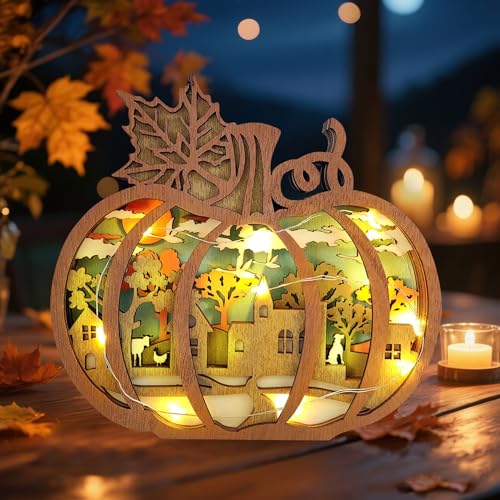 Herbstdeko Beleuchtung Hölz Lampe, 3D Thanksgiving Dekorationen Holz Kürbis Ausgehöhlte Licht, Herbst Deko Innen Laterne Für Schlafzimmer Wohnzimmer Tisch Deko, Geschenk für Thanksgiving Erntedank von ACAREY