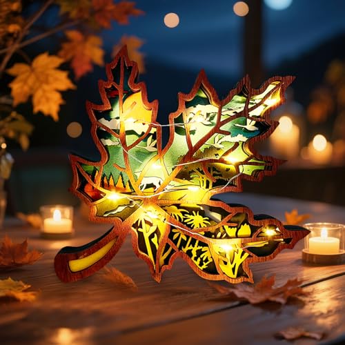 Herbstdeko Beleuchtung Holz, 3D Herbst Dekoration Hohl Ahornblatt Kürbis Mit LED Lichterkette, Herbst Deko Innen Für Schlafzimmer Wohnzimmer Tisch Deko, Geschenk Für Erntedank (Ahornblatt) von ACAREY