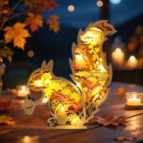 Herbstdeko Beleuchtung Holz, 3D Herbst Dekoration Hohl Ahornblatt Kürbis Mit LED Lichterkette, Herbst Deko Innen Für Schlafzimmer Wohnzimmer TischDeko, Geschenk Für Erntedank (Eichhörnchen) von ACAREY