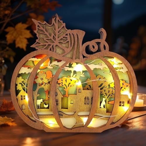 Herbstdeko Beleuchtung Holz, 3D Herbst Dekoration Hohl Ahornblatt Kürbis Mit LED Lichterkette, Herbst Deko Innen Für Schlafzimmer Wohnzimmer TischDeko, Geschenk Für Erntedank (Kürbis) von ACAREY