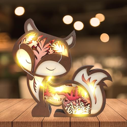 Herbstdeko Beleuchtung Holz Tiere Deko, 3D Herbst dekoration Holz Elefant Löwe mit LED Lichterkette, Herbst Deko Innen Lampe Für Schlafzimmer Wohnzimmer Tischdeko, Geschenk (Fuchs) von ACAREY