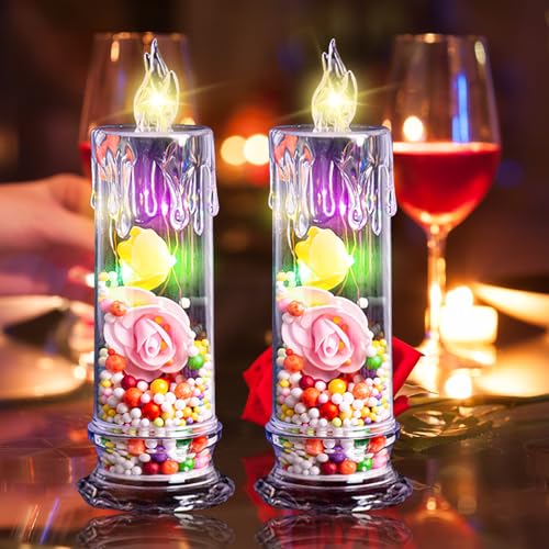 LED Kerzen Rose Deko Flammenlose Kerzen, 2 Stück Batterie Kerzen Dekorative Set, LED Stumpen Kerzen Für Valentinstag, Vorschläge, Jahrestag, Hochzeits Deko, Geschenke Für Mama Frauen (A) von ACAREY