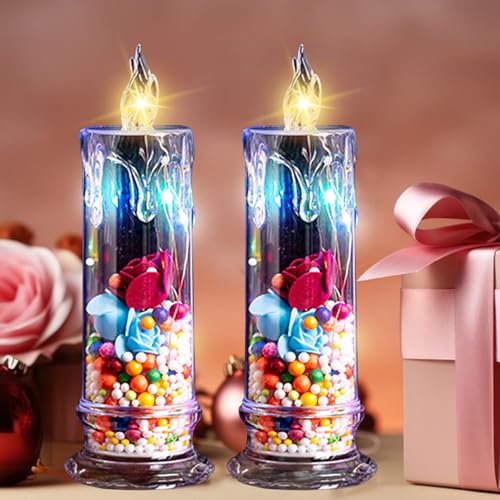 LED Kerzen Rose Deko Flammenlose Kerzen, 2 Stück Batterie Kerzen Dekorative Set, LED Stumpen Kerzen Für Valentinstag, Vorschläge, Jahrestag, Hochzeits Deko, Geschenke Für Mama Frauen (B) von ACAREY
