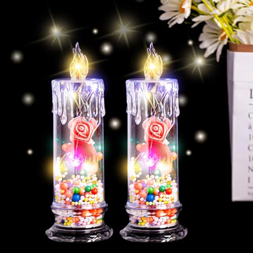 LED Kerzen Rose Deko Flammenlose Kerzen, 2 Stück Batterie Kerzen Dekorative Set, LED Stumpen Kerzen Für Valentinstag, Vorschläge, Jahrestag, Hochzeits Deko, Geschenke Für Mama Frauen (E) von ACAREY