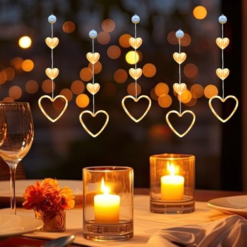 ACAREY LED Lichterkette 5 Stück Herz Valentinstag Deko Fenster Lichterkette, LED Valentinstag Fenster Beleuchtung Herz Fenster Lichterkette Batteriebetriebene Mit Saugnäpfe, Warmweiß Stern Innen Deko von ACAREY