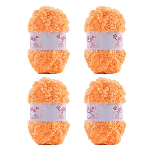 ACESOME 4 x 50 Gramm Plüschgarn, Strickgarn mit Fransen Künstliche Pelzgarn Flauschig Fransengarn Super Soft Chunky Garn Flauschiges Garn zum Häkeln Stricken Mikrofaser Garn (Orange Farbe) von ACESOME ㅤ