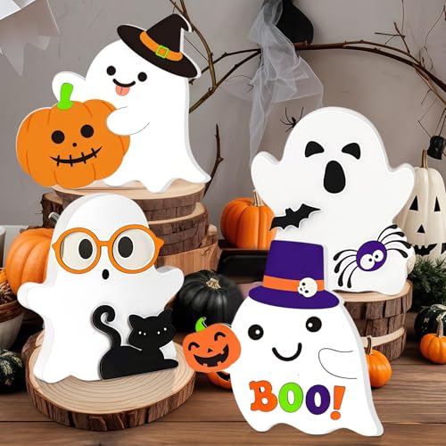 Niedliches Geister-Set aus Holz, 4 Stück – gruselige Halloween-Dekoration für gestufte Tabletts, Tischplatte und Regaldekoration von ACJRYO
