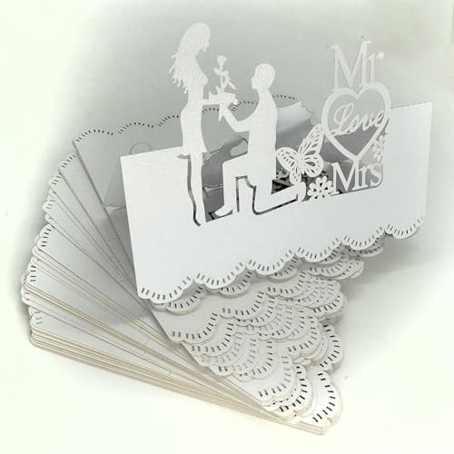 50 Stück Premium Hochzeit Tischkarte Mr Love Mrs Kleine 3D-Tischkarte mit Glitzerpulver, Zeltsitzplatz, Namenskarte, Hochzeits-Tischkarte für Tischdekoration, Dinner-Partys von ACKJGGG
