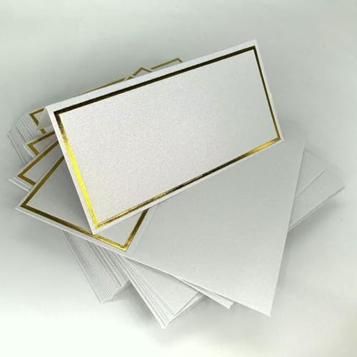 50 Stück hochwertige Tischkarten, kleine weiße Tischkarten mit Glitzerpulver und Goldfolien-Rand, Zeltsitz, Namenskarten, Hochzeits-Tischkarten für Tischdekoration, Dinner-Partys von ACKJGGG