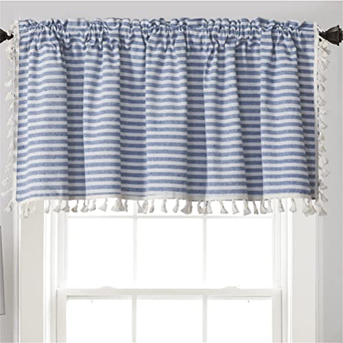 ACMHNC Scheibengardine Küche Landhaus Küche Vorhang Leinen Baumwolle Gestreifte Kurzgardine mit Quaste Modern Halbtransparent Bistrogardine 1 Stück (Blue,150cm x 45cm /59"*18") von ACMHNC
