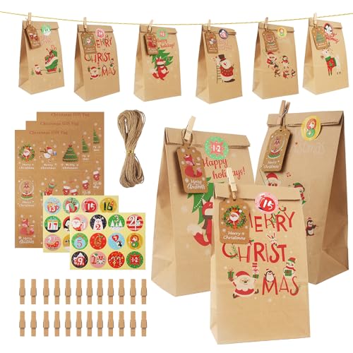 Adventskalender Tüten zum Befüllen, 24 Papiertüten Weihnachten, Zahlen Aufkleber,Holz Klammern, Juteschnur Adventskalender Selber Basteln Verschenken Kinder und Erwachsene von ACOMTUO