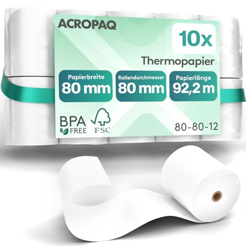 ACROPAQ - 10 x Thermopapier - 80 mm x 80 mm x 92,2 m, Premium, BPA-freies Thermo-papierrollen für Bondrucker - Kassenrollen, Thermorollen 80 mm ACROPAQ - 10 x Thermopapier - 80 mm x 80 mm x 92,2 m, Premium, BPA-freies Thermo-papierrollen für Bondrucker - Kassenrollen, Thermorollen 80 mm von ACROPAQ