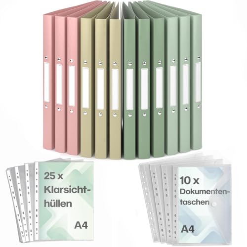 ACROPAQ - 12 x Ringbuch A4 - Inkl. 10 x Dokumententasche, 25 x Klarsichthüllen und 12 x Rückenetiketten, Mit 2 Ringen, Rückenbreite 2,5 cm, Erde, "Nature" Farbkollektion - Ringhefter, Ringordner von ACROPAQ