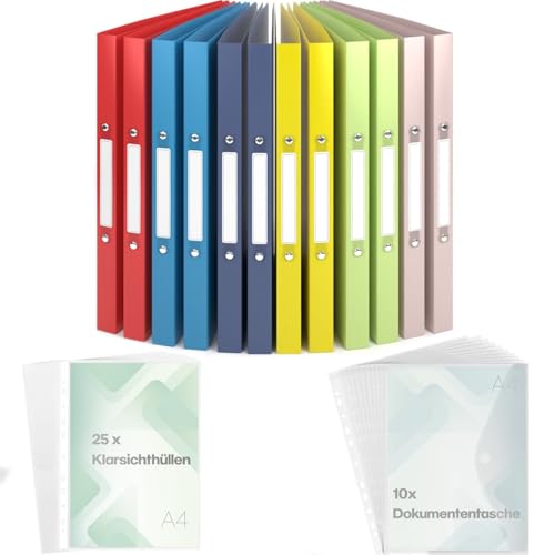 ACROPAQ - 12 x Ringbuch A4 - Inkl. 10 x Dokumententasche, 25 x Klarsichthüllen und 12 x Rückenetiketten, Mit 2 Ringen, Rückenbreite 2,5 cm, Sommer, 'Nature' Farbkollektion - Ringordner, Ringordner von ACROPAQ