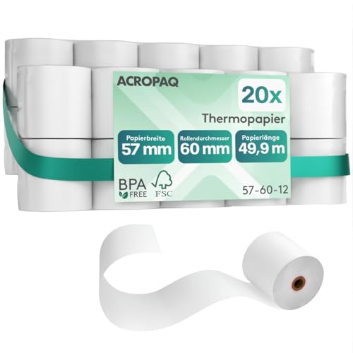 ACROPAQ - 20 x Thermopapier - 57 mm x 60 mm x 49,9 m, Premium, BPA-freies Thermo-papierrollen für Registrierkassen - Kassenrollen, Thermorollen 57 mm von ACROPAQ