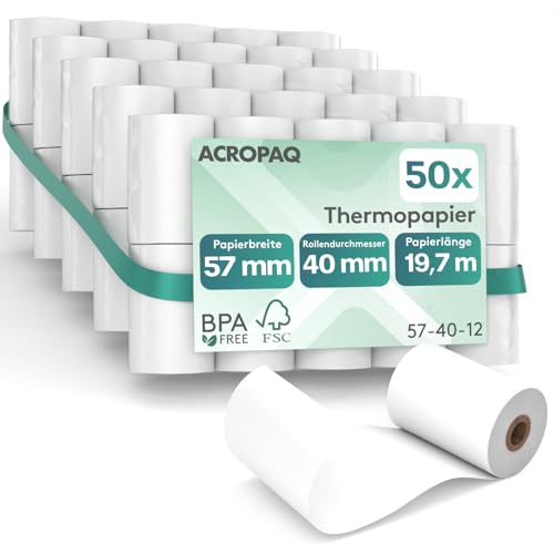 ACROPAQ - 50 x Thermorollen - 57mm x 40mm x 19,7m - Premium BPA-freies EC rollen thermo-papierrollen für Ec-Cash-Geräte - Kassenrollen, Bonrollen, Kassenbon Rolle von ACROPAQ