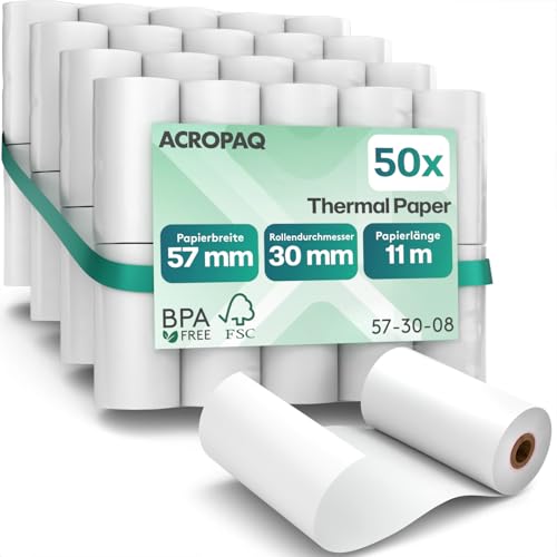 ACROPAQ - 50 x Thermorollen - 57mm x 30mm x 11,4m - Premium BPA-freies EC rollen thermo-papierrollen für Ec-Cash-Geräte - Kassenrollen, Bonrollen, Kassenbon Rolle von ACROPAQ
