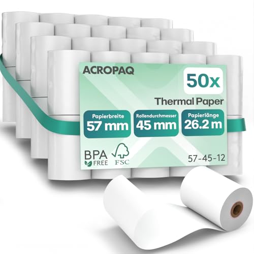 ACROPAQ - 50 x Thermorollen - 57mm x 45mm x 26,2m - Premium BPA-freies EC rollen thermo-papierrollen für Ec-Cash-Geräte - Kassenrollen, Bonrollen, Kassenbon Rolle von ACROPAQ